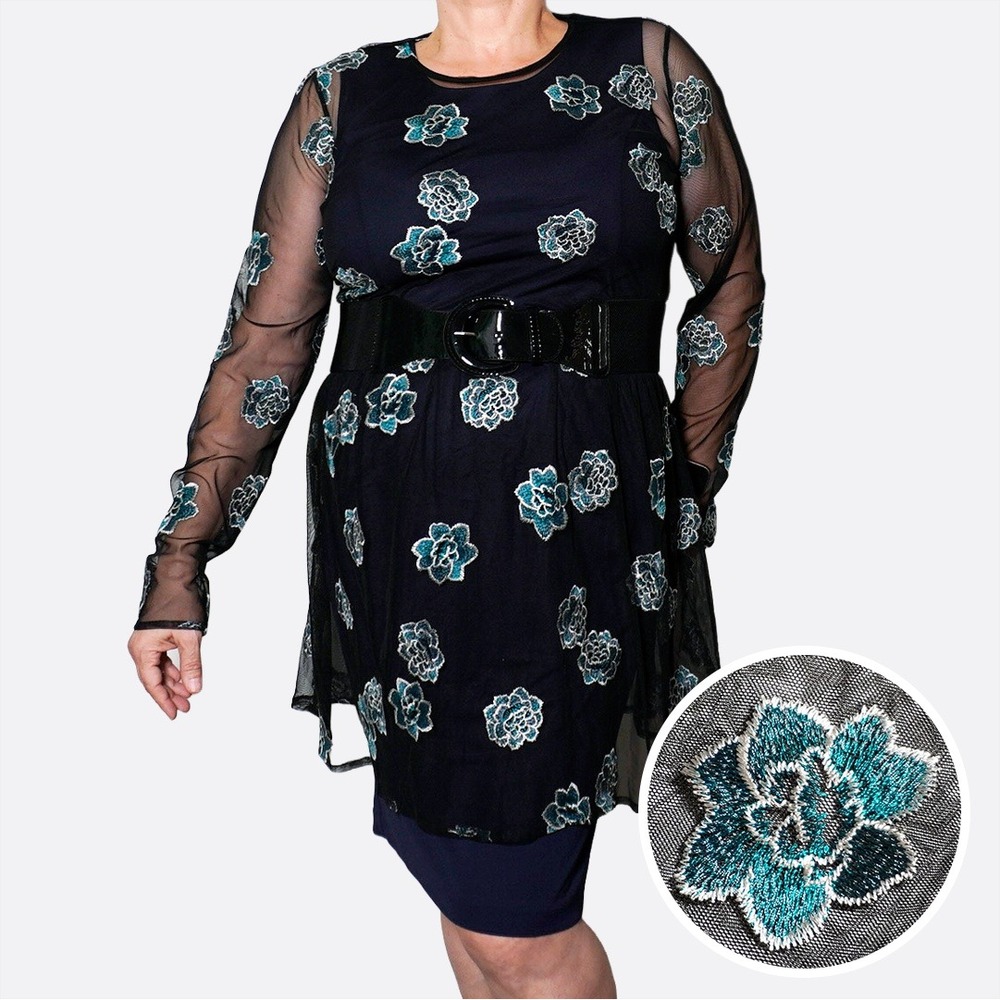 NWT Black Sheer Mesh Floral Embroidered Long Sleeve Dress‎ Topper Overdress 0X L
